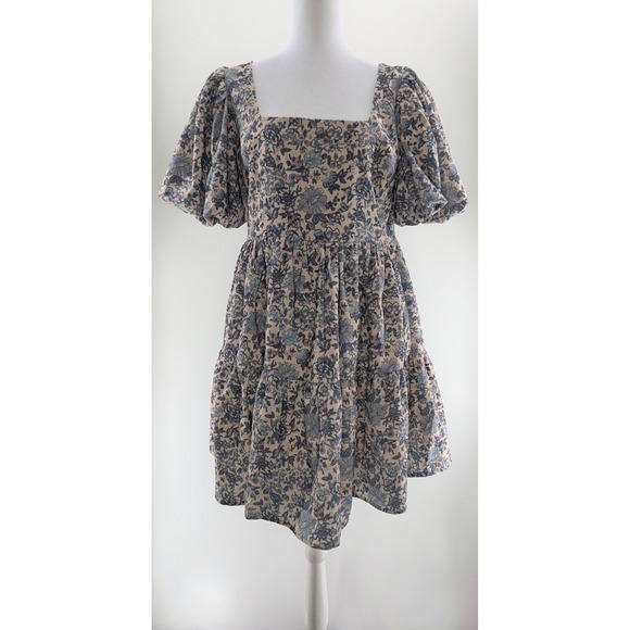 AUREUM Dresses & Skirts - Aureum Blue Floral Puff Sleeve Tiered Mini Dress Square Neck Womens Size M